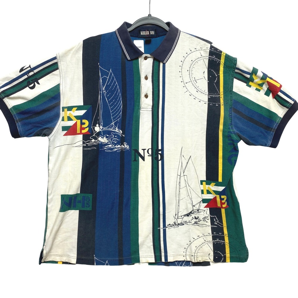Keeler Bay Nautical Sailing Polo Shirt Mens Medium Multicolor Cotton Vintage